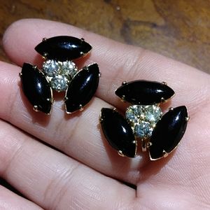 Vintage sterling gold overlay screwball black stones clear rhinestones earrings